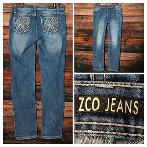 ZCO Jeans 13 Embellished Embroidered Wing Slim Straight Blue Denim Y2K